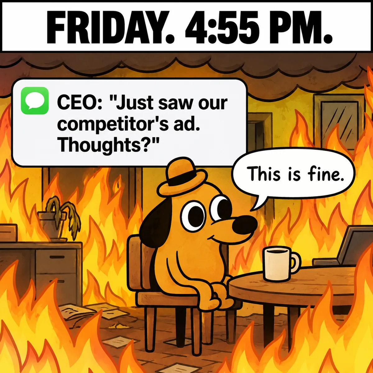 Friday, 4:55 PM: the CEO forwards a competitor ad asking for thoughts while the room is on fire