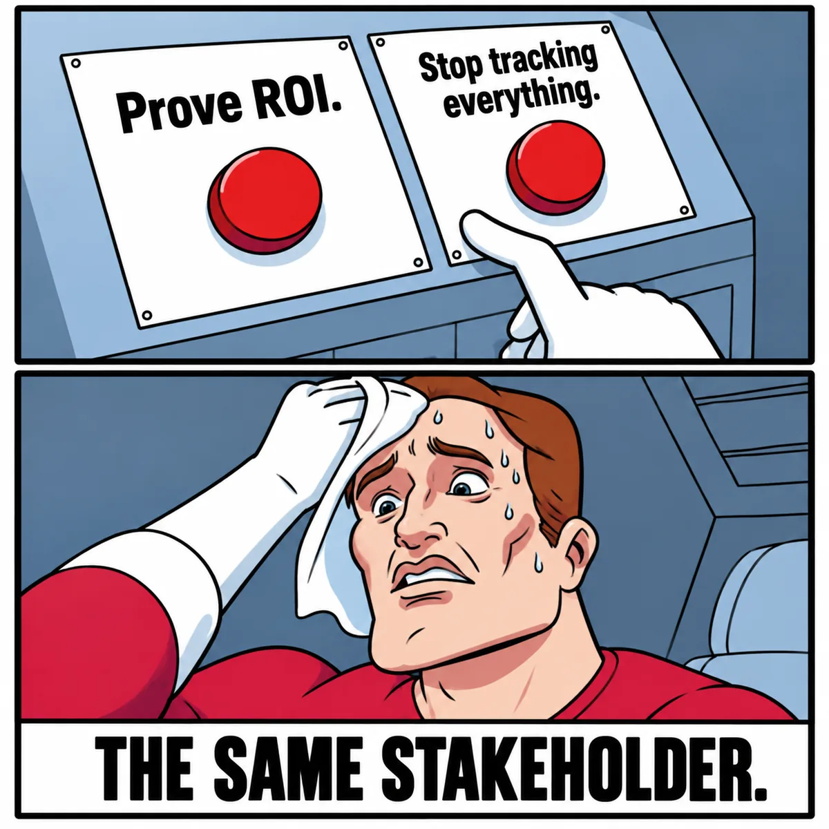Two buttons meme: prove ROI or stop tracking everything, both demanded by the same stakeholder